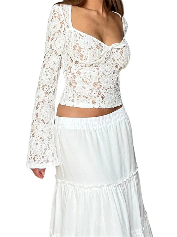 Lace Floral Hollow Out Cropped Long Flare Sleeve V-neck Slim Fit Solid T-shirts