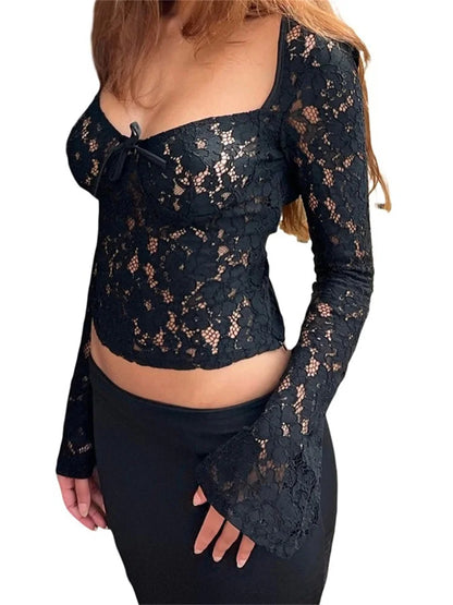 Lace Floral Hollow Out Cropped Long Flare Sleeve V-neck Slim Fit Solid T-shirts