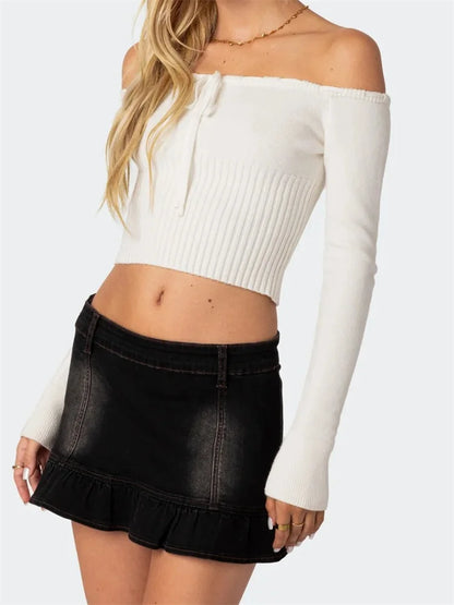 Off-Shoulder Crop Knitwear Solid Color Long Sleeve Tie-up Slim Fit Sexy T-shirts