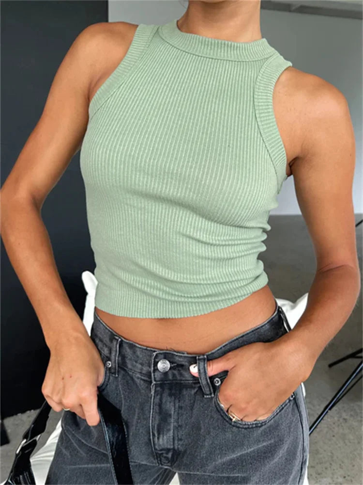 Ribbed Casual Sleeveless Summer Solid Slim Fit Pullovers Mini Vest Female Streetwear Basic Tops Crop Top