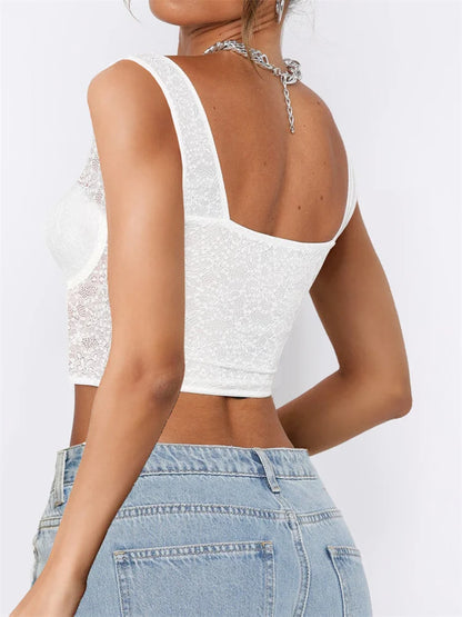 See Through Mesh Sheer Camisoles Sexy Lace Slim Fit Low Cut Square Neck Buttons Vest Streetwear Crop Top