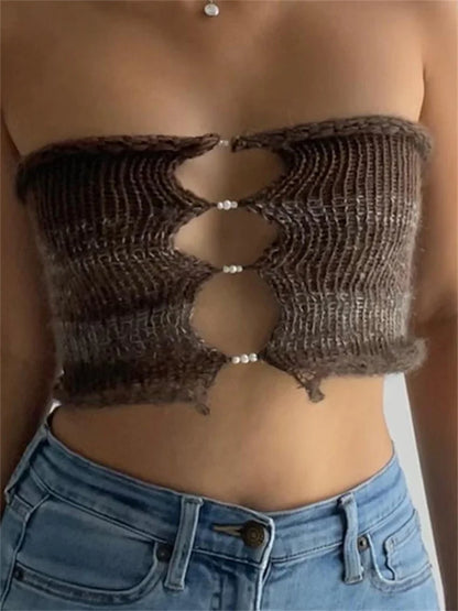 Sexy Backless Tube Y2K Hollow Out Knitted 2024 Summer Sleeveless Strapless Sexy Mini Vest Club Crop Top