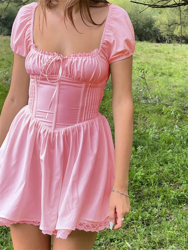 Corset Lace Front Tie-Up Short Sleeve Mini Dresses