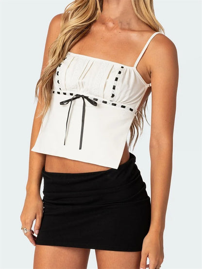 Women Summer Backless Spaghetti Strap Sleeveless Square Neck Lace Trim Mini Vest Streetwear 2024 Crop Top