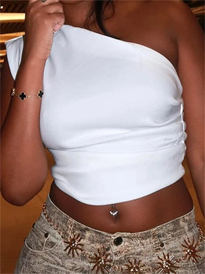 Women Summer Slim Fit Side Ruched White Sleeveless Off Shoulder Short Mini Vest Party Street Clubwear 2024 Crop Top