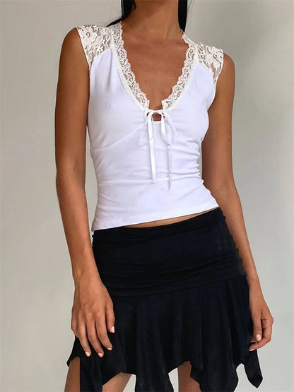 White Slim Fit Deep V Neck Sleeveless Lace Patchwork Front Tie Up Short Summer Mini Vests Crop Top