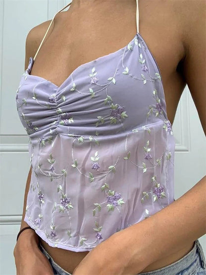 Backless Floral Vintage Sexy Halter Tie Up Off Shoulder Camisole Cute Mini Streetwear Crop Top