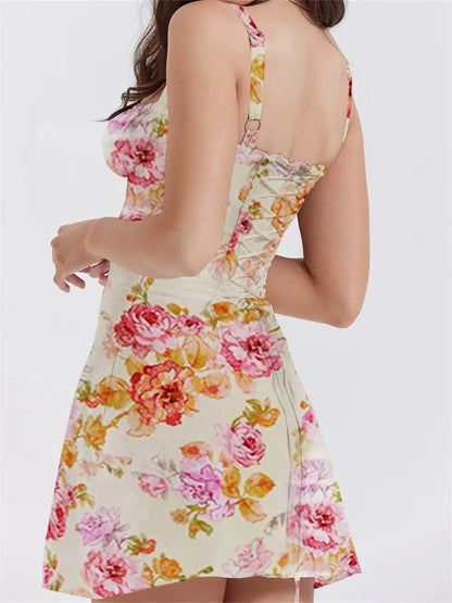 Y2K Floral Print Backless Low Cut Spaghetti Strap Mini Dresses