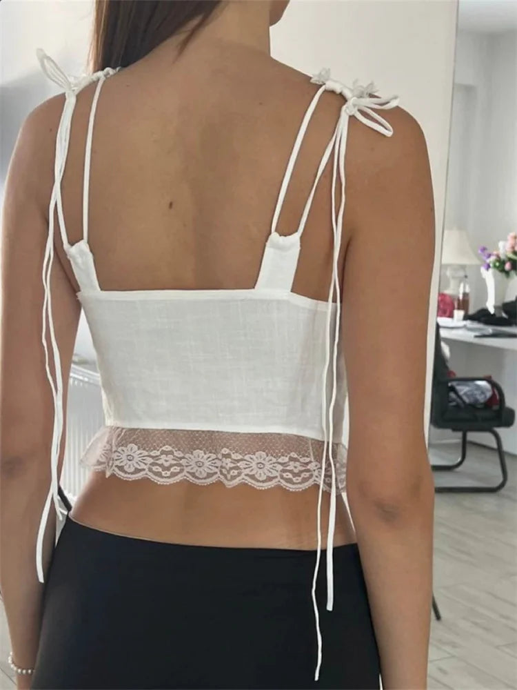 Women Y2K Sleeveless Spaghetti Strap Top Sexy Lace Patchwork Front Tie-up Summer Mini Vest Streetwear 2024 Crop Top