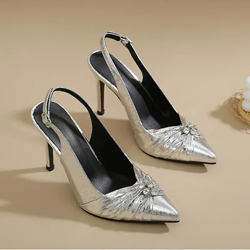 Fashionable Pointed Toe Pleated Leather Rhinestone Decorative Buckle Slingback High Heel