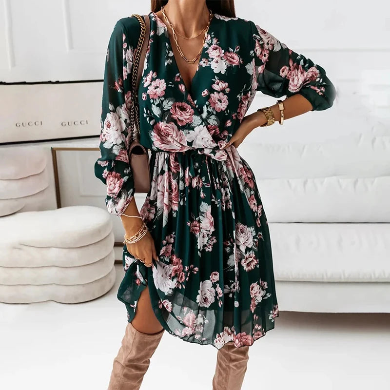 Chiffon Floral Casual Deep V Neck Green Pleated Office Femme Midi Dresses