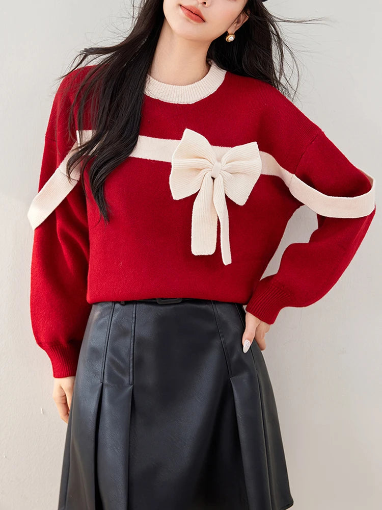 Red Bow Winter Patchwork Soft Long Sleeve Christmas Sweater