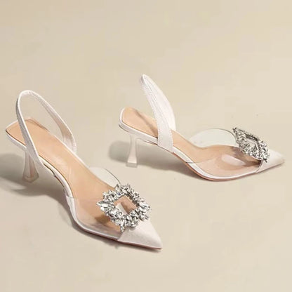 Classic Square Rhinestone Summer Sexy Pointed Slingback Simple Elegant Low Heel Pumps