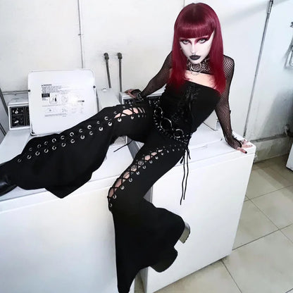 Y2K Grudge Harajuku Gothic Punk Eyelet Bandage Flared High Waist Hip Hop Pants