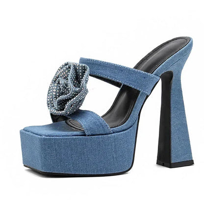 Denim Blue Crystal Flower Design Peep Toe Platform Slippers Thick High Heel High Heel