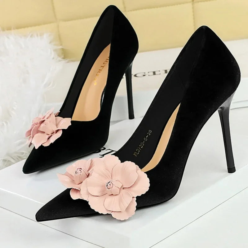 Designer Flower Pointed Toe Elegant Party Flannel Autumn High Heel