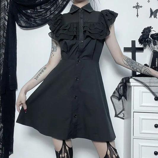 Gothic Ruffled Lower Back Mesh Yarn Hottie A-line Small Black Pleated Gothic Dress