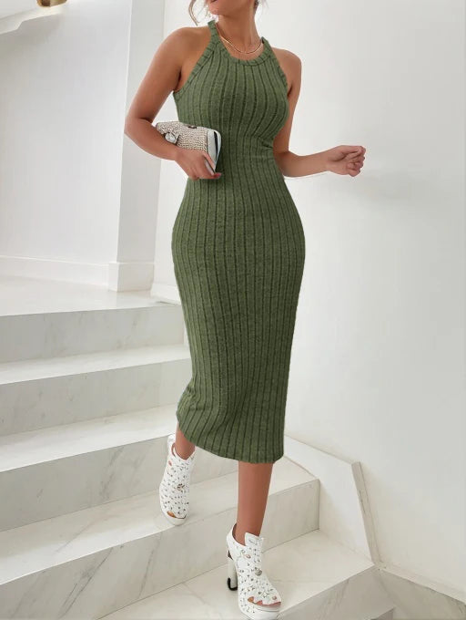 es Solid Halter Bodycon Ribbed Knit Midi Dresses