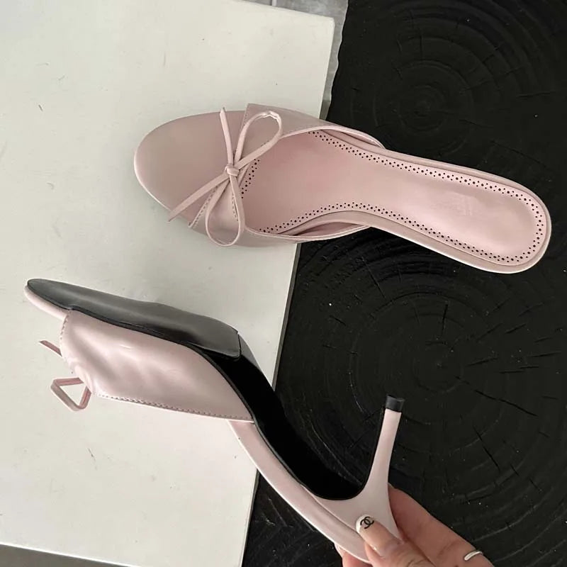 2024 New Arrivals Summer Pink Butterfly-knot Women Slippers Elegant Stripper Thin Mules Slides Shoes Low Heel Pumps