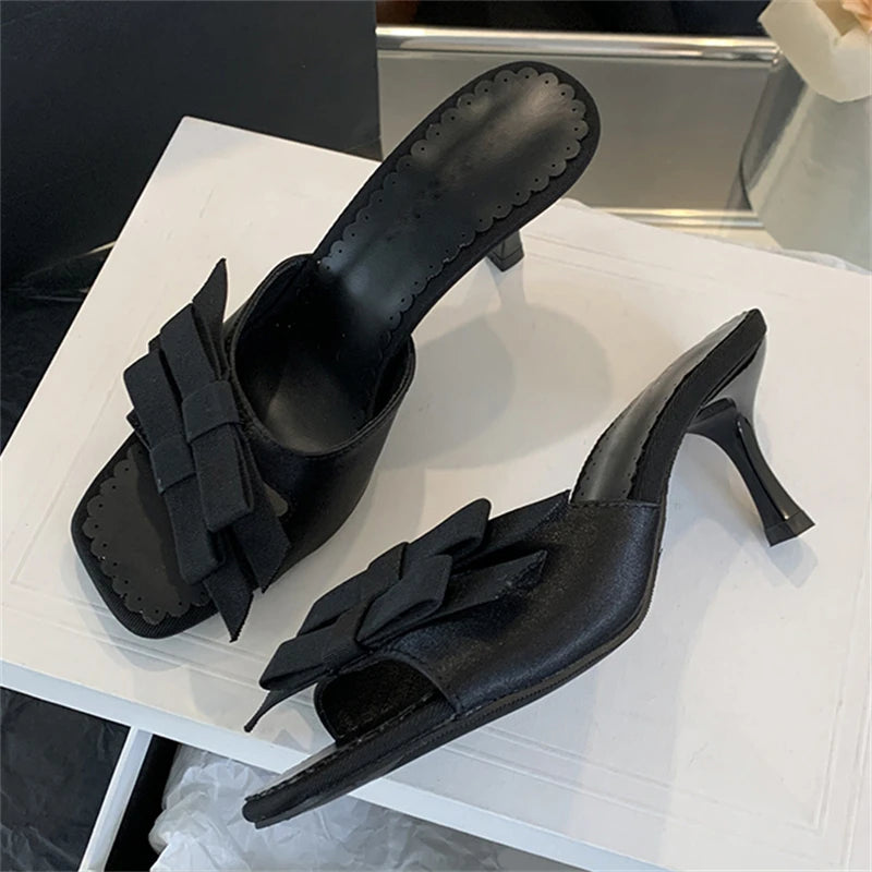 2024 New Arrivals Women Slipper Fashion Bow-knot Thin Open Toe Slip On Elegant Sandal Mules Slides Shoes Low Heel Pumps