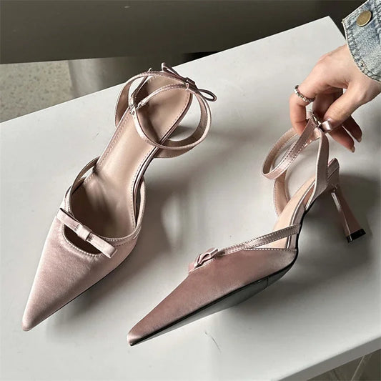 2024 New Design Ankle Buckle Strap Women Thin Pointed Toe Slingback Mules Shoes Low Heel Pumps