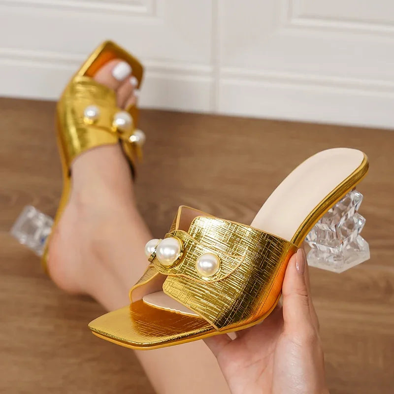 2024 New Design Pearl Transparent Highs Square Toe Women Slippers Summer Slides Shoes Low Heel Pumps