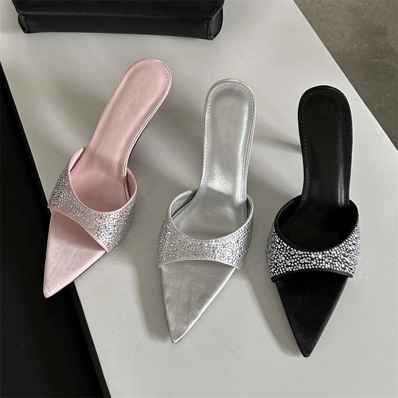 2024 New Summer Silk Women Slippers Fashion Thin Mules Beach Slides Shoes Low Heel Pumps