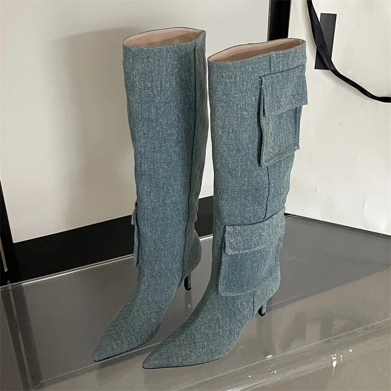 2024 New Winter Sexy Pointed Toe Thin Heels Stripper Largas De Mujer Knee High Boots