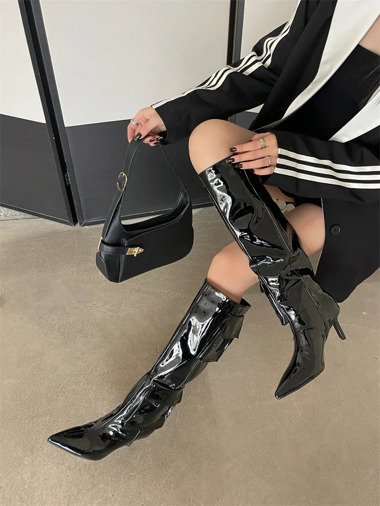 2024 New Winter Sexy Pointed Toe Thin Heels Stripper Largas De Mujer Knee High Boots