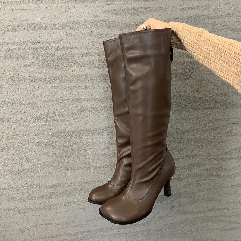 Autumn Winter Cosy Button Fashion Round Toe Thin Heels Long Knee High Boots