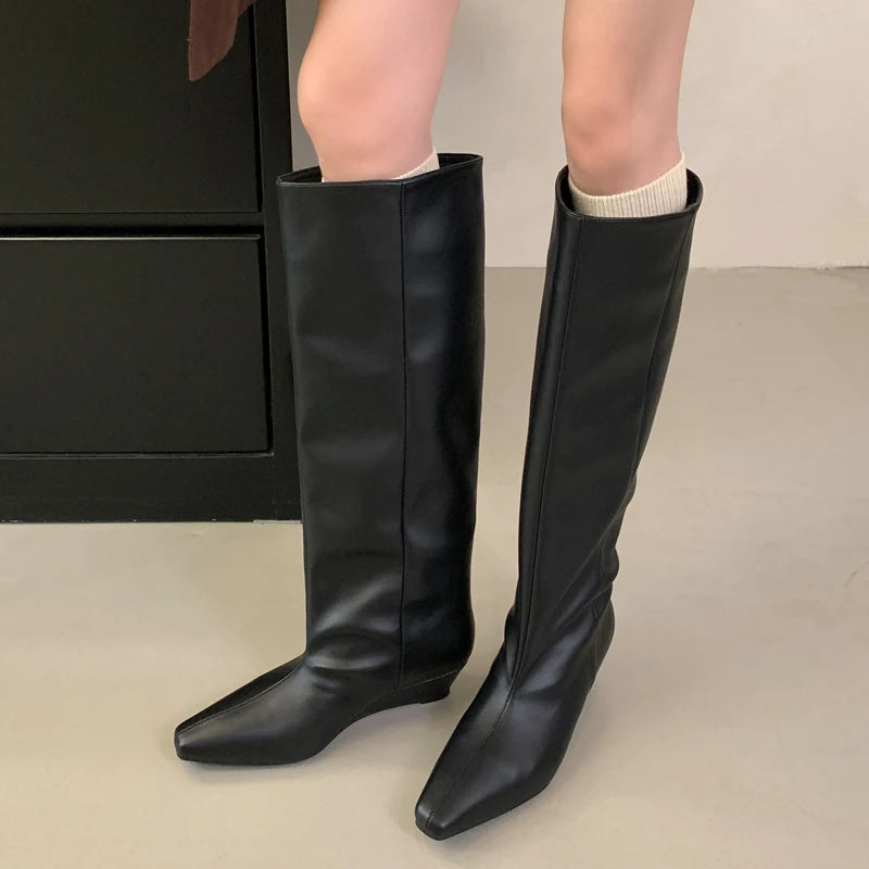 Autumn Winter Soft Leather Cosy Pointed Toe Wedges Heels Long Knee High Boots