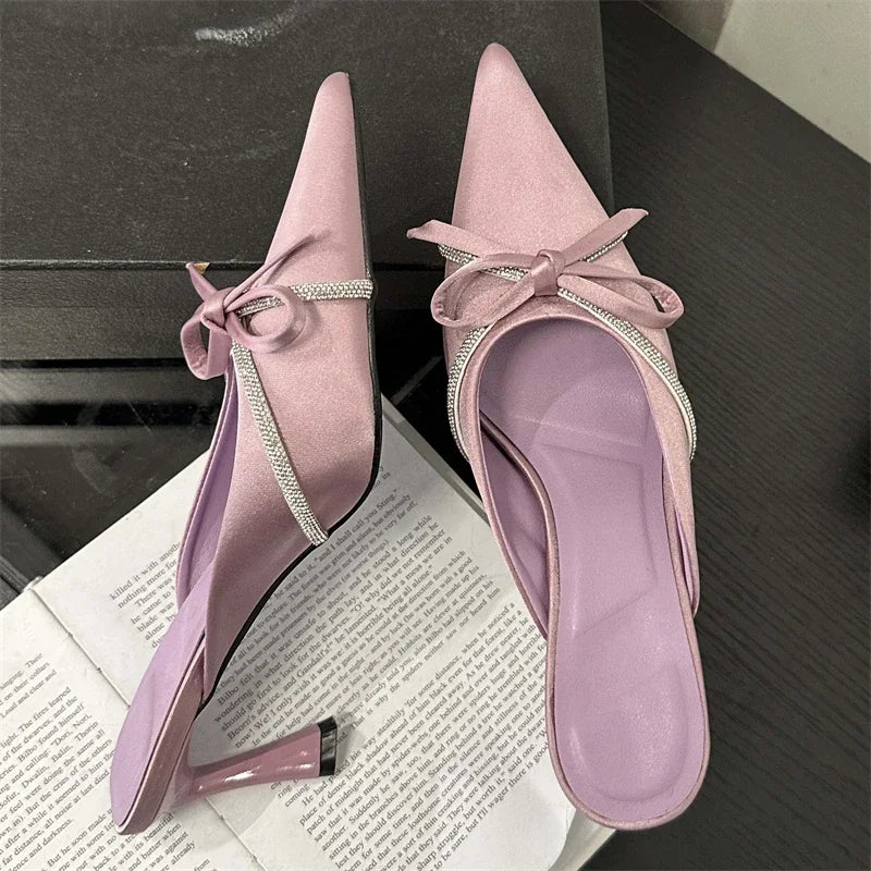 Butterfly-knot Women Slippers Design Style Ladies Pointed Toe Mules Slides Shoes Low Heel Pumps