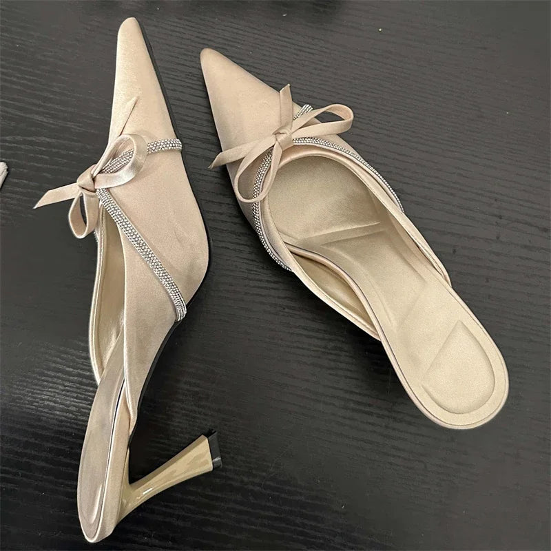 Butterfly-knot Women Slippers Design Style Ladies Pointed Toe Mules Slides Shoes Low Heel Pumps