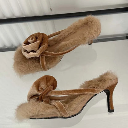 Corduroy Faux Fur Slippers Women Square Toe Highs Slides Summer Outdoor Banquet Shoes Low Heel Pumps