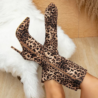 Design Pointed Toe Thin Heels Fashion Leopard Print Zipper Knee High Boots