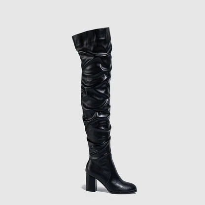 Designer Pleated Over-the-Heels Runway Round Toe Zipper Knee High Boots