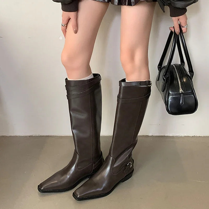 Designer Pointed Toe Concise Belt Buckle Square Heels Long Modern Knee High Boots