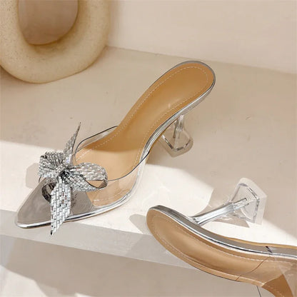 Elegant Glitter Peep Toe Women Slippers Sexy PVC Transparent High Banquet Party Mule Shoes Low Heel Pumps