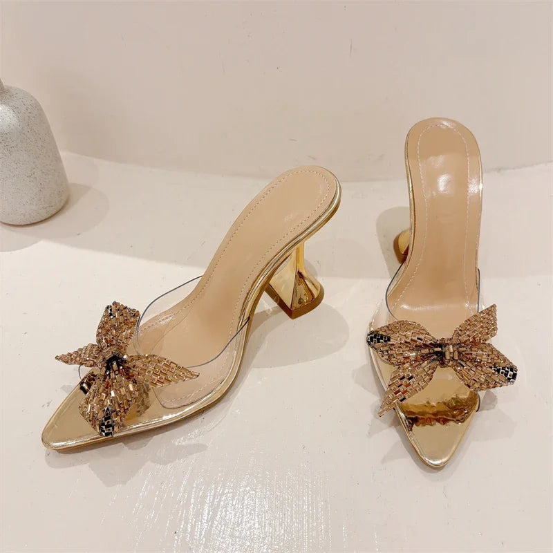 Elegant Glitter Peep Toe Women Slippers Sexy PVC Transparent High Banquet Party Mule Shoes Low Heel Pumps