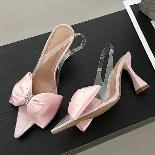 Fashion Butterfly-knot Pointed Toe Women PVC Transparent Highs Wedding Banquet Mules Shoes Low Heel Pumps