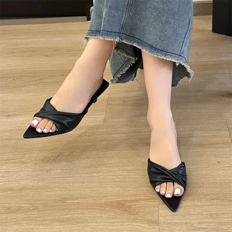 Fashion Design Pleated Pointed Toe Slippers Elegant Thin Summer Slide Shoes Low Heel Pumps