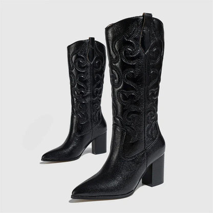 Fashion Pointed Toe Western Embroidery Square Heels Autumn Winter Knee High Boots