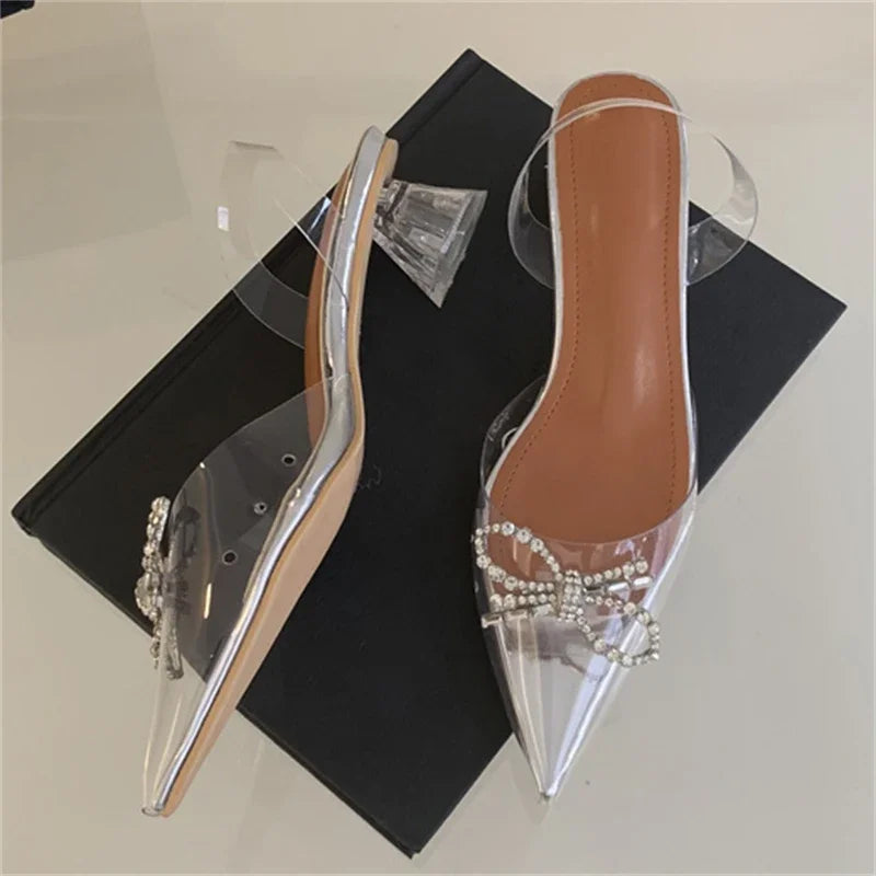 Sexy PVC Transparent Butterfly-knot Women Fashion Party Shoes Elegant Slingbacks Mules Sandals Low Heel Pumps