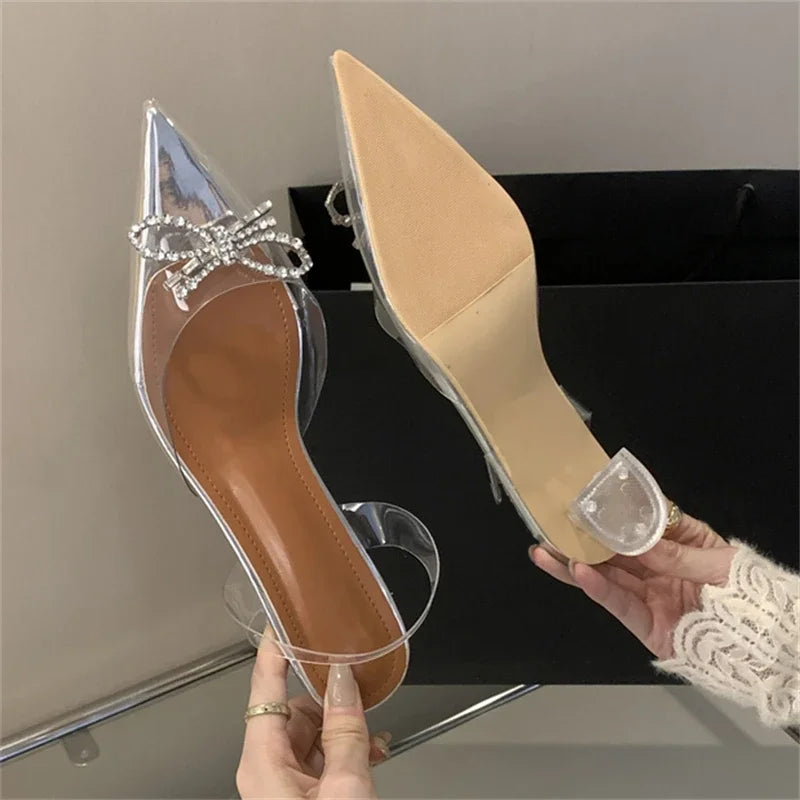 Sexy PVC Transparent Butterfly-knot Women Fashion Party Shoes Elegant Slingbacks Mules Sandals Low Heel Pumps