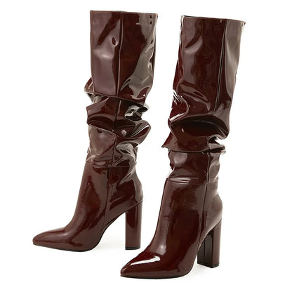 Sexy Street Designer Pointed Toe Patent Leather Chunky Heels Knee High Boots