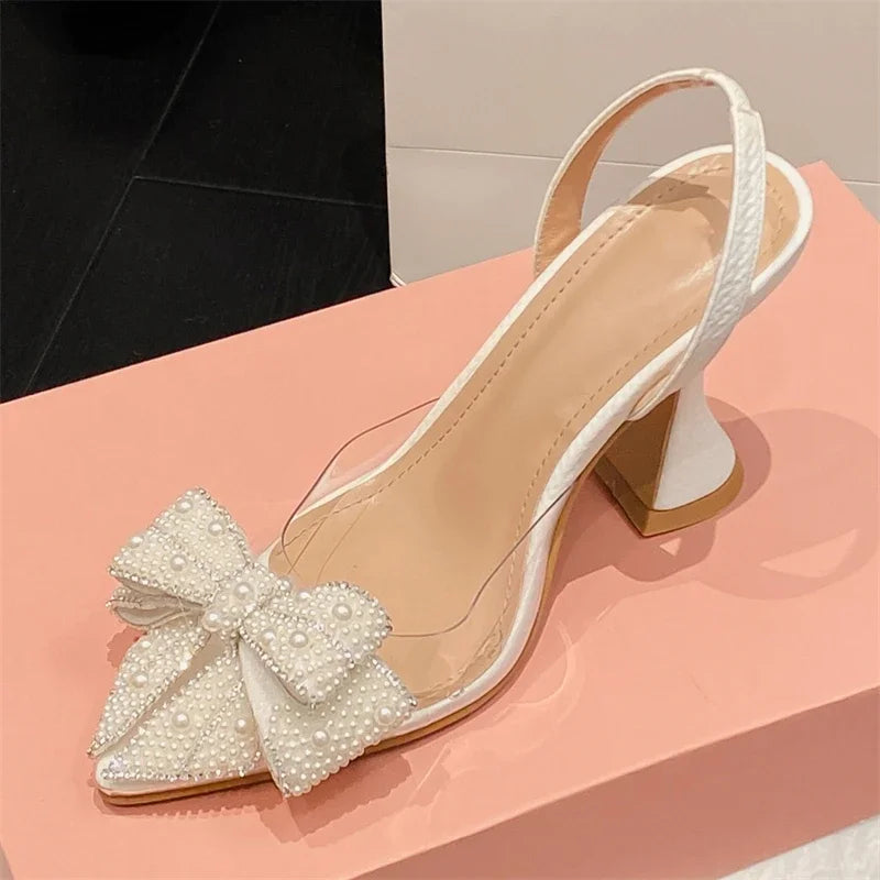 Spring Butterfly-knot PVC Transparent String Bead Women Fashion Pointed Toe Party High Mules Shoes Low Heel Pumps