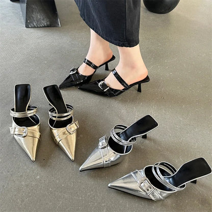 Spring Fashion Buckle Strap Design Style Thins Ladies Pointed Toe Shal Shoes Mules Sandals Low Heel Pumps