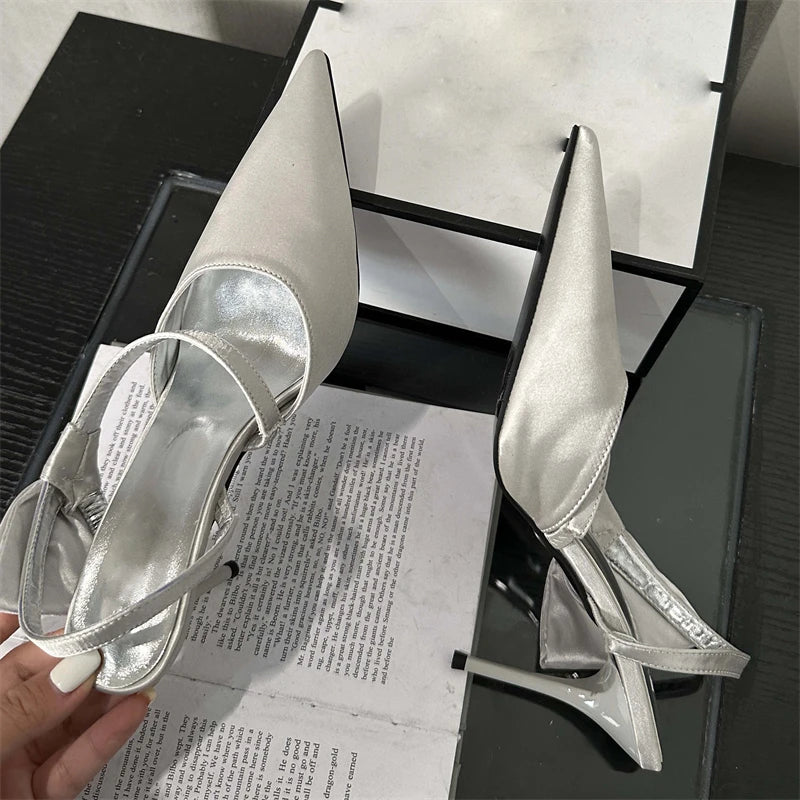 Spring Fashion Pleated Hol Women Pointed Toe Thin Elegant Party Slingbacks Mule Shoes Low Heel Pumps