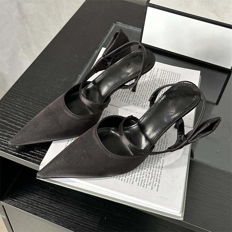 Spring Fashion Pleated Hol Women Pointed Toe Thin Elegant Party Slingbacks Mule Shoes Low Heel Pumps