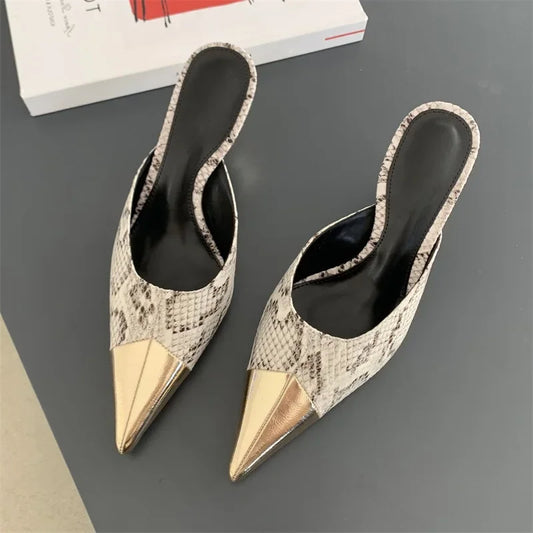 Spring Fashion Serpentine Pointed Toe Women Slippers Sexy Thins Stripper Mule Shoes Low Heel Pumps